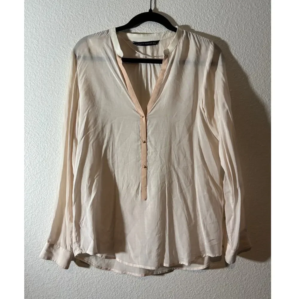 Zara Woman Size S Cream Semi-Sheer Popover Split V-Neck Long Sleeve Top